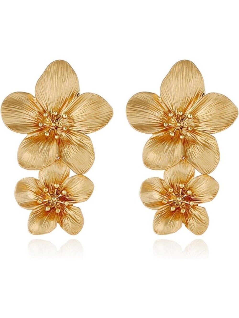 Women's Gold Elegant Double Flowers Dangle Layered Floral Petal Drop Earring